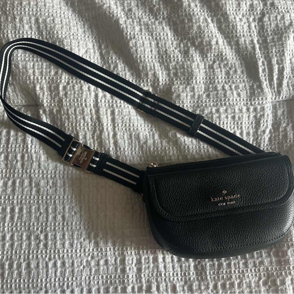 Kate Spade Black Pebbled Leather Belt Bag with Striped Strap